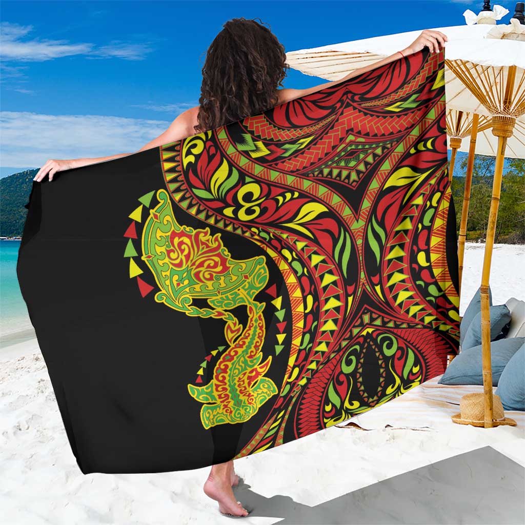 Hawaiian Manta Ray and Hammerhead Shark Tribal Tattoo Sarong with Polynesian Tribal Pattern Kanaka Maoli Flag Color