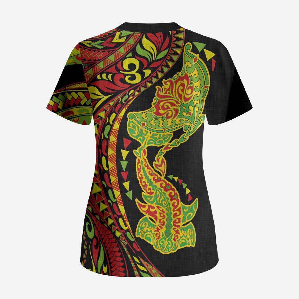 Hawaiian Manta Ray and Hammerhead Shark Tribal Tattoo Scrub Top with Polynesian Tribal Pattern Kanaka Maoli Flag Color