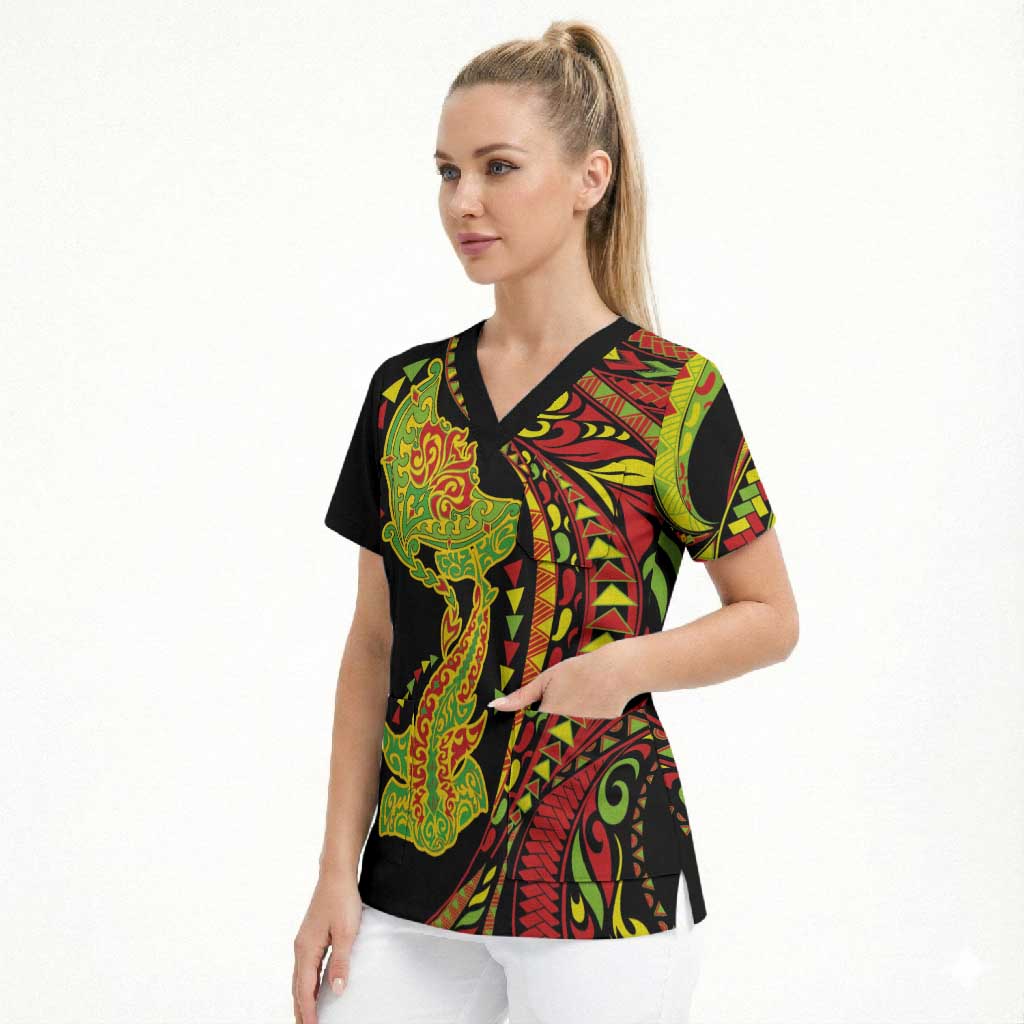 Hawaiian Manta Ray and Hammerhead Shark Tribal Tattoo Scrub Top with Polynesian Tribal Pattern Kanaka Maoli Flag Color