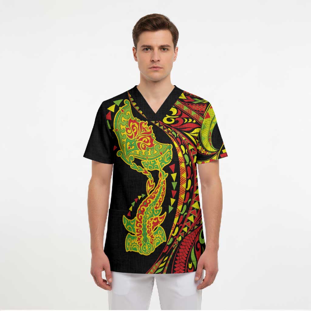 Hawaiian Manta Ray and Hammerhead Shark Tribal Tattoo Scrub Top with Polynesian Tribal Pattern Kanaka Maoli Flag Color