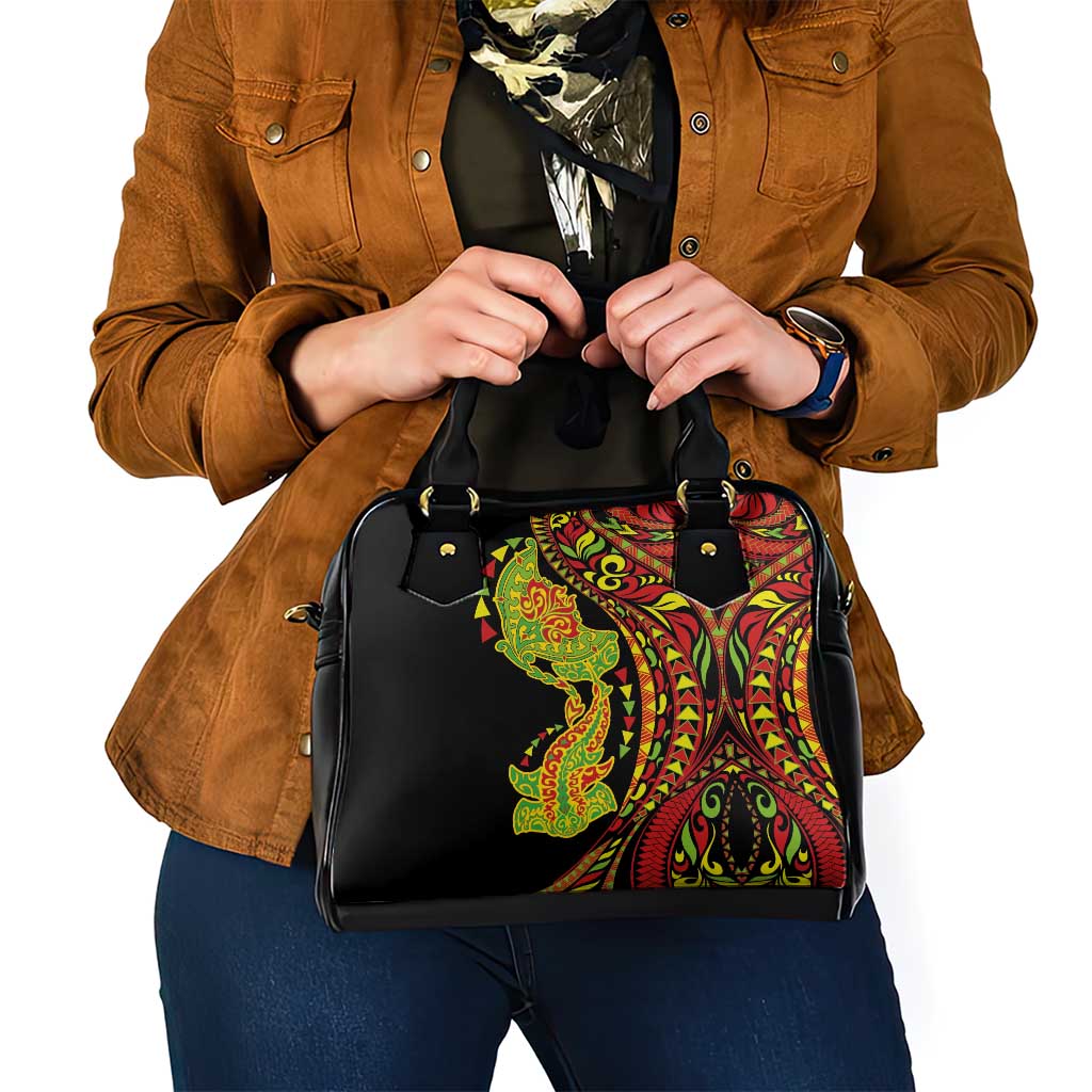 Hawaiian Manta Ray and Hammerhead Shark Tribal Tattoo Shoulder Handbag with Polynesian Tribal Pattern Kanaka Maoli Flag Color