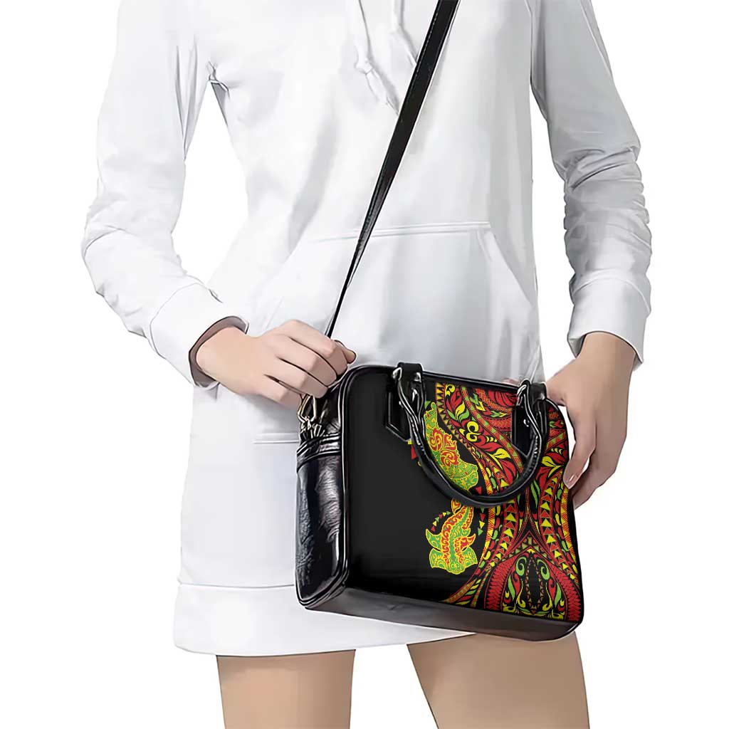 Hawaiian Manta Ray and Hammerhead Shark Tribal Tattoo Shoulder Handbag with Polynesian Tribal Pattern Kanaka Maoli Flag Color