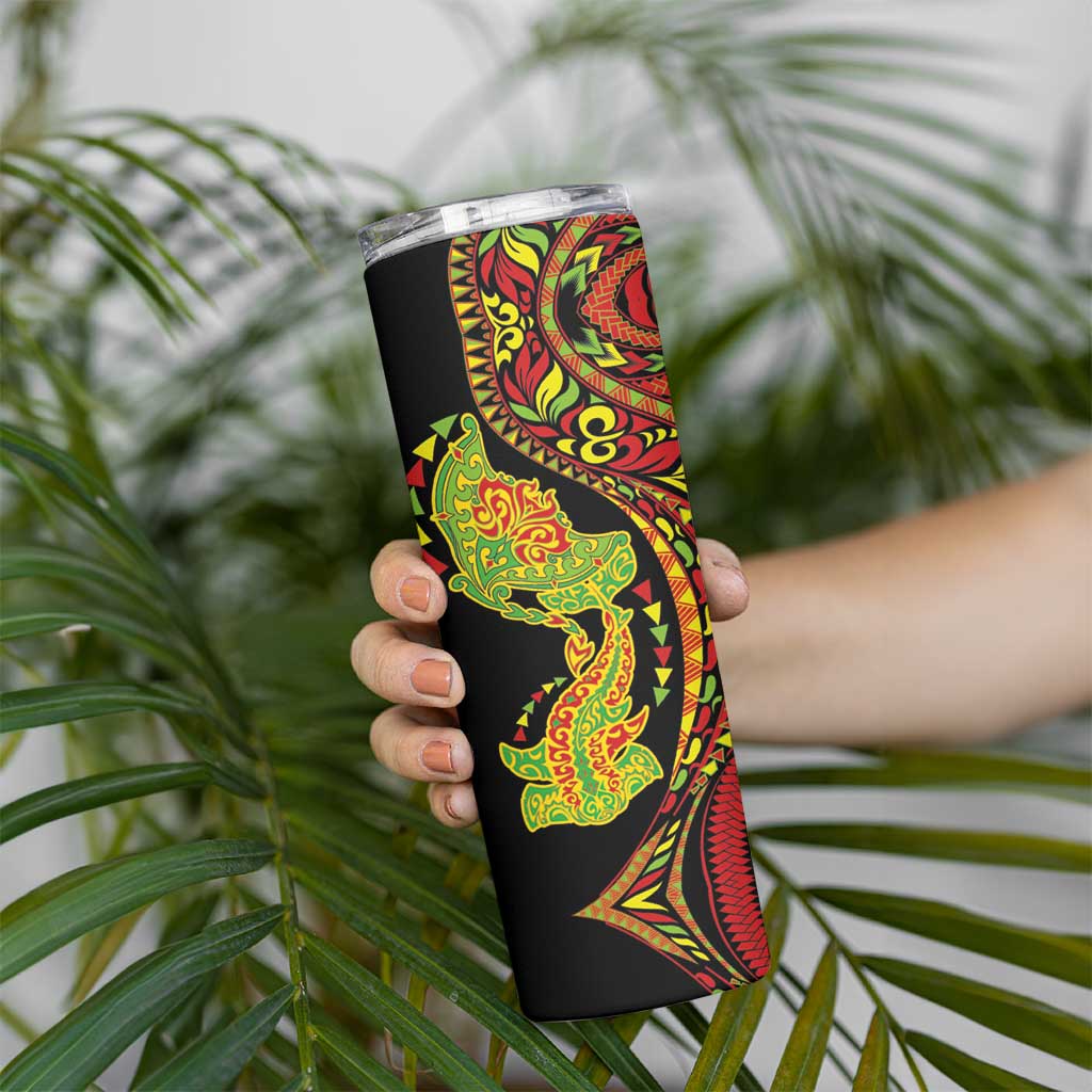Hawaiian Manta Ray and Hammerhead Shark Tribal Tattoo Skinny Tumbler with Polynesian Tribal Pattern Kanaka Maoli Flag Color LT03 - Polynesian Pride
