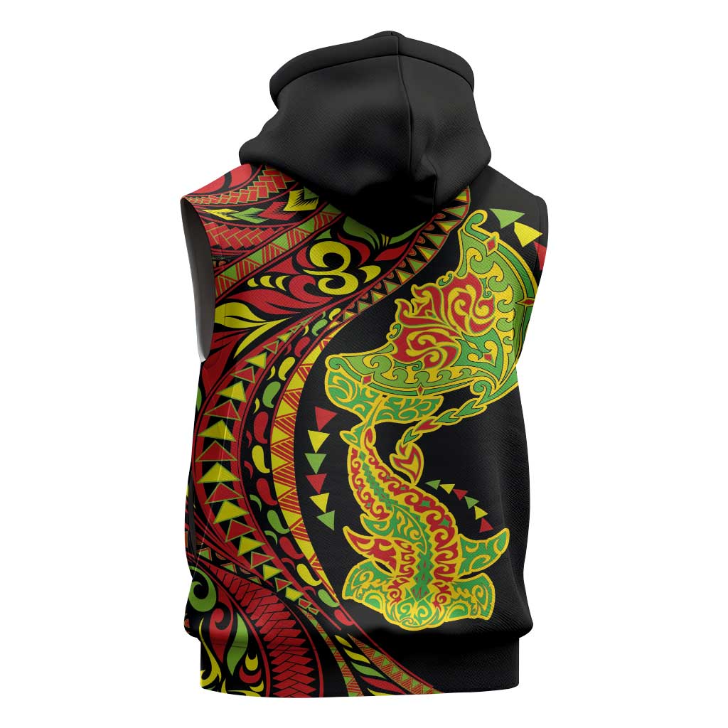 Hawaiian Manta Ray and Hammerhead Shark Tribal Tattoo Sleeveless Hoodie with Polynesian Tribal Pattern Kanaka Maoli Flag Color LT03 - Polynesian Pride