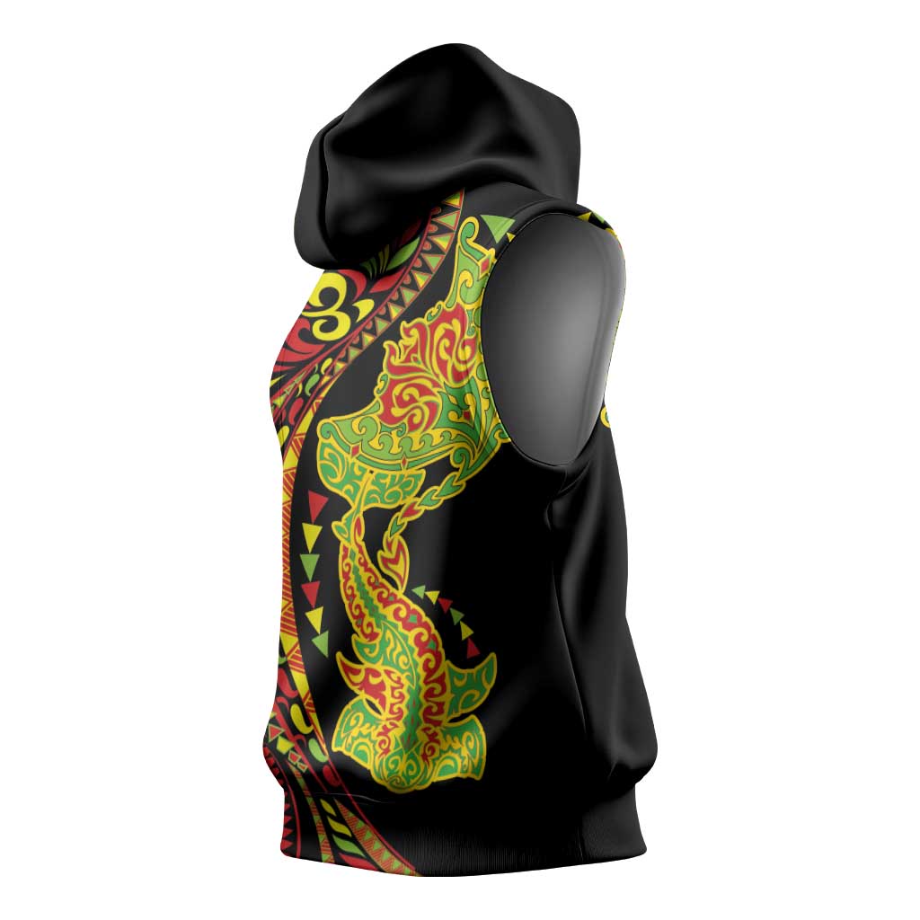 Hawaiian Manta Ray and Hammerhead Shark Tribal Tattoo Sleeveless Hoodie with Polynesian Tribal Pattern Kanaka Maoli Flag Color LT03 - Polynesian Pride