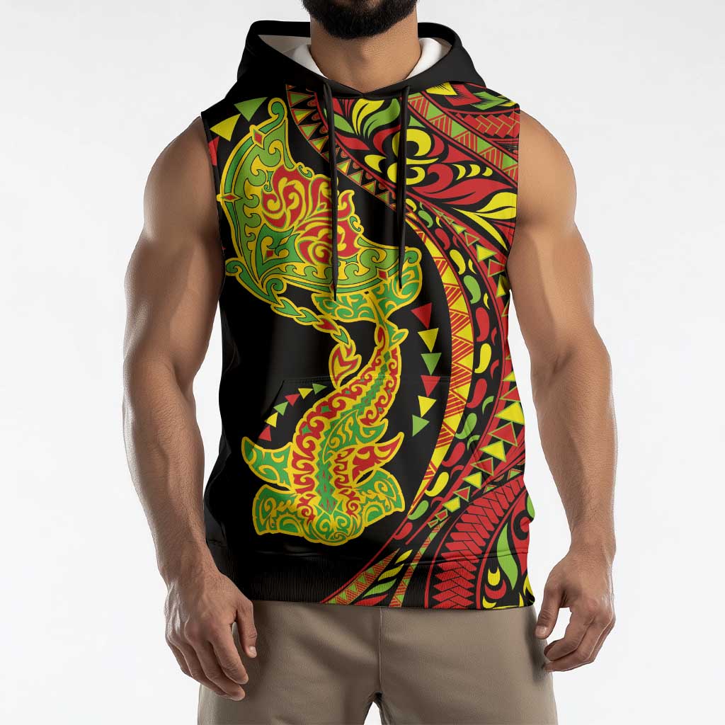 Hawaiian Manta Ray and Hammerhead Shark Tribal Tattoo Sleeveless Hoodie with Polynesian Tribal Pattern Kanaka Maoli Flag Color LT03 - Polynesian Pride