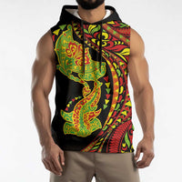 Hawaiian Manta Ray and Hammerhead Shark Tribal Tattoo Sleeveless Hoodie with Polynesian Tribal Pattern Kanaka Maoli Flag Color LT03 - Polynesian Pride