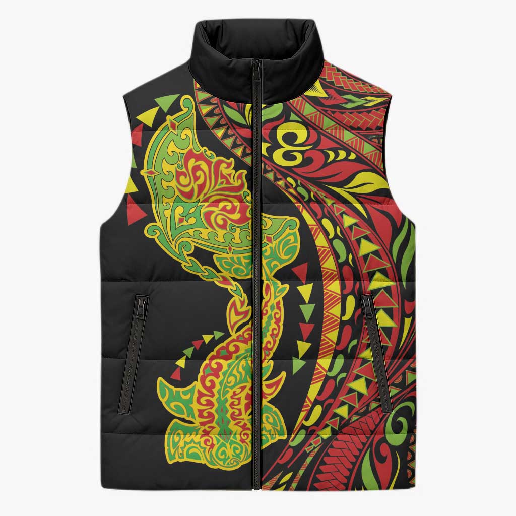 Hawaiian Manta Ray and Hammerhead Shark Tribal Tattoo Sleeveless Puffer Jacket with Polynesian Tribal Pattern Kanaka Maoli Flag Color
