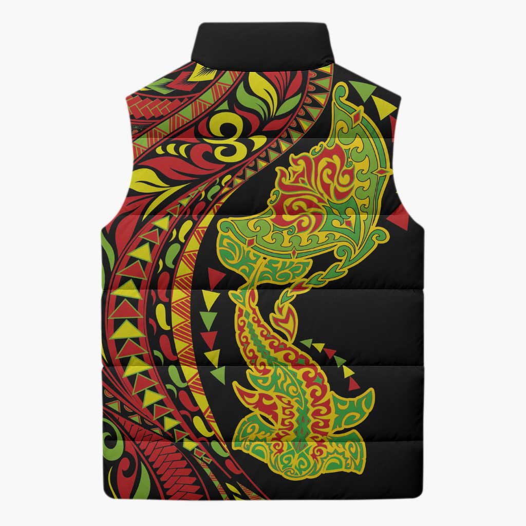 Hawaiian Manta Ray and Hammerhead Shark Tribal Tattoo Sleeveless Puffer Jacket with Polynesian Tribal Pattern Kanaka Maoli Flag Color