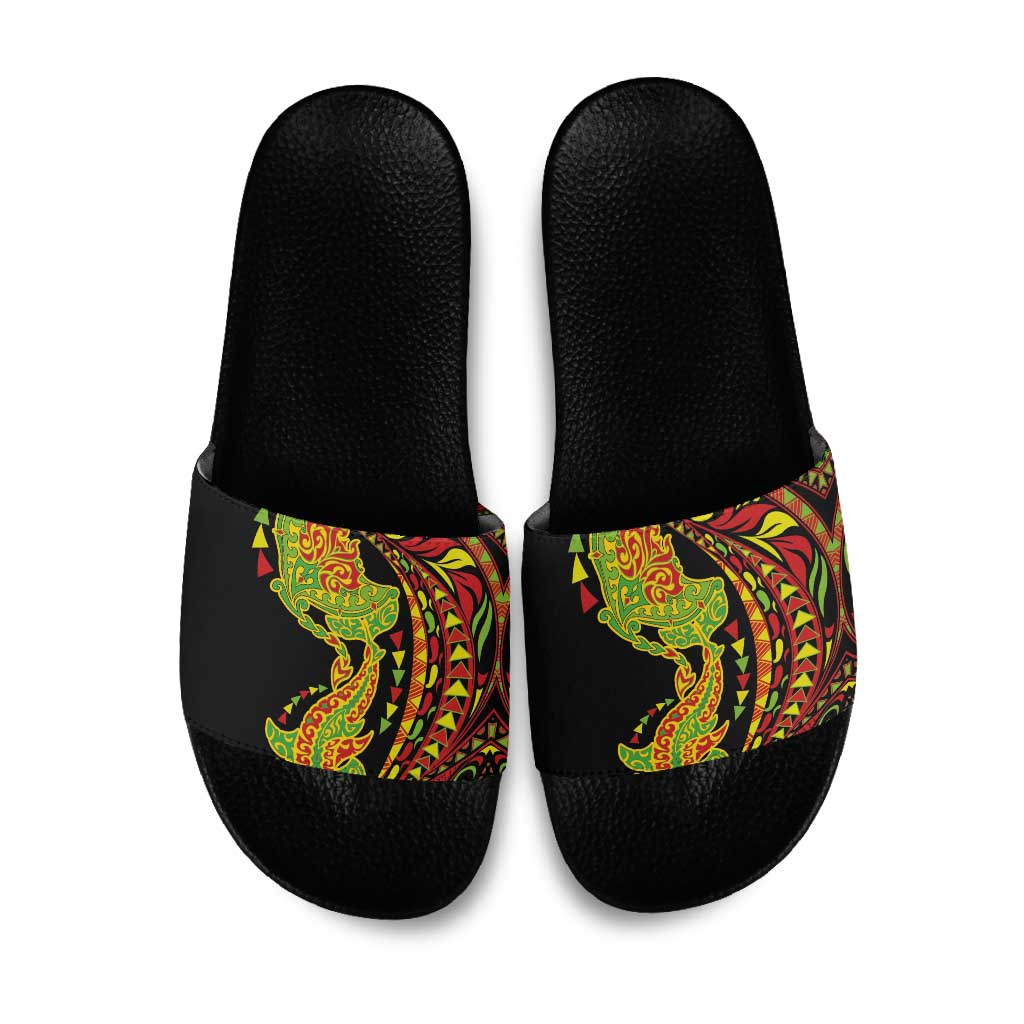 Hawaiian Manta Ray and Hammerhead Shark Tribal Tattoo Slide Sandals with Polynesian Tribal Pattern Kanaka Maoli Flag Color LT03 Multicolor - Polynesian Pride