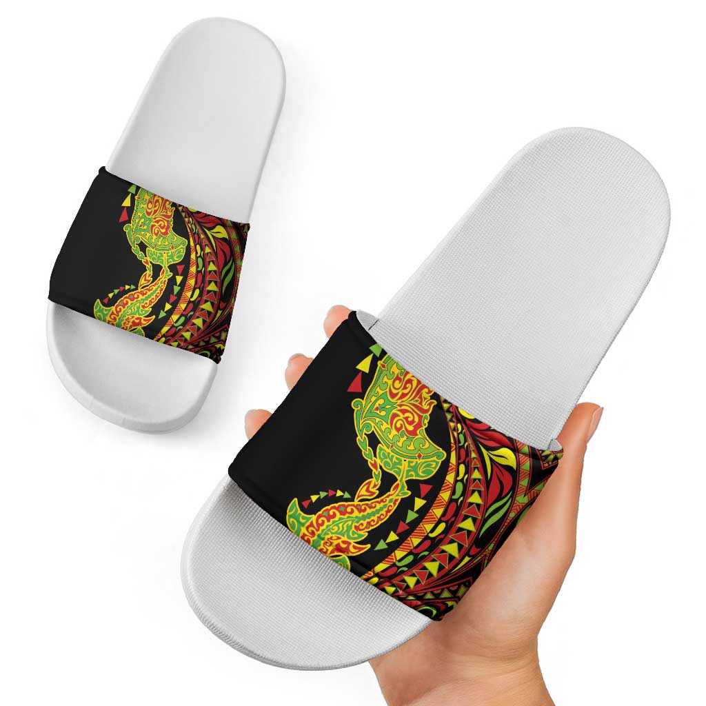 Hawaiian Manta Ray and Hammerhead Shark Tribal Tattoo Slide Sandals with Polynesian Tribal Pattern Kanaka Maoli Flag Color LT03 - Polynesian Pride