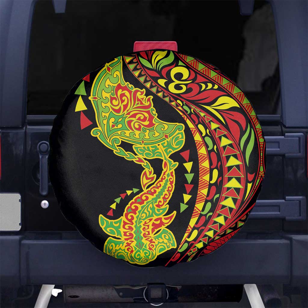 Hawaiian Manta Ray and Hammerhead Shark Tribal Tattoo Spare Tire Cover with Polynesian Tribal Pattern Kanaka Maoli Flag Color LT03 No hole Multicolor - Polynesian Pride