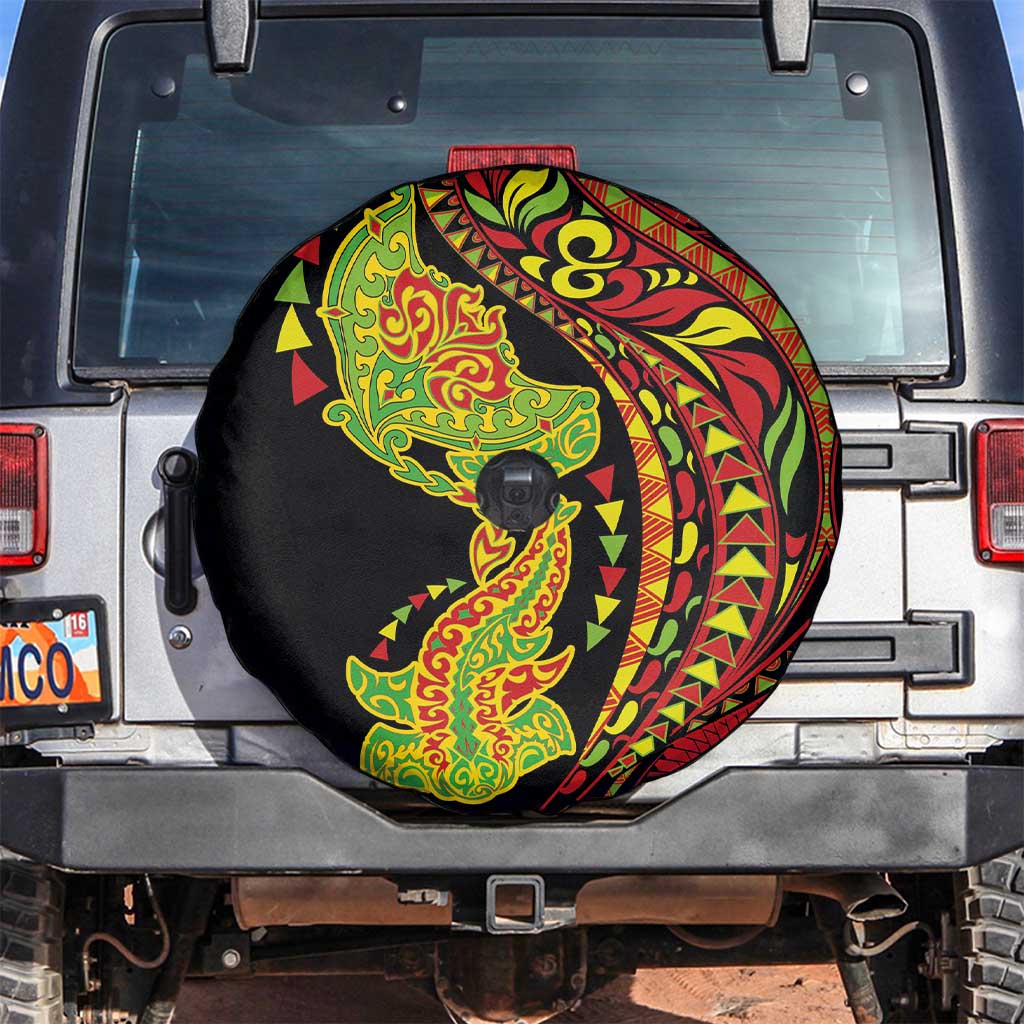 Hawaiian Manta Ray and Hammerhead Shark Tribal Tattoo Spare Tire Cover with Polynesian Tribal Pattern Kanaka Maoli Flag Color LT03 Multicolor - Polynesian Pride