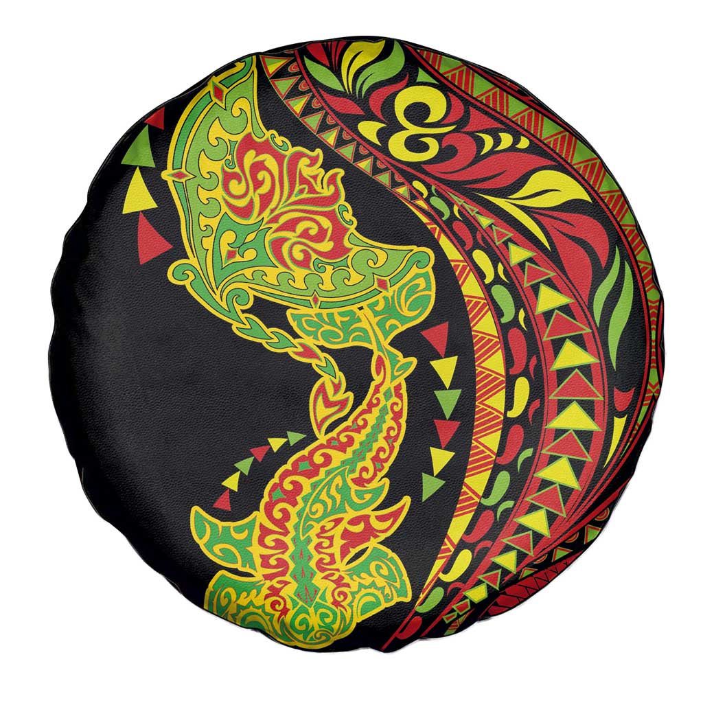 Hawaiian Manta Ray and Hammerhead Shark Tribal Tattoo Spare Tire Cover with Polynesian Tribal Pattern Kanaka Maoli Flag Color LT03 - Polynesian Pride