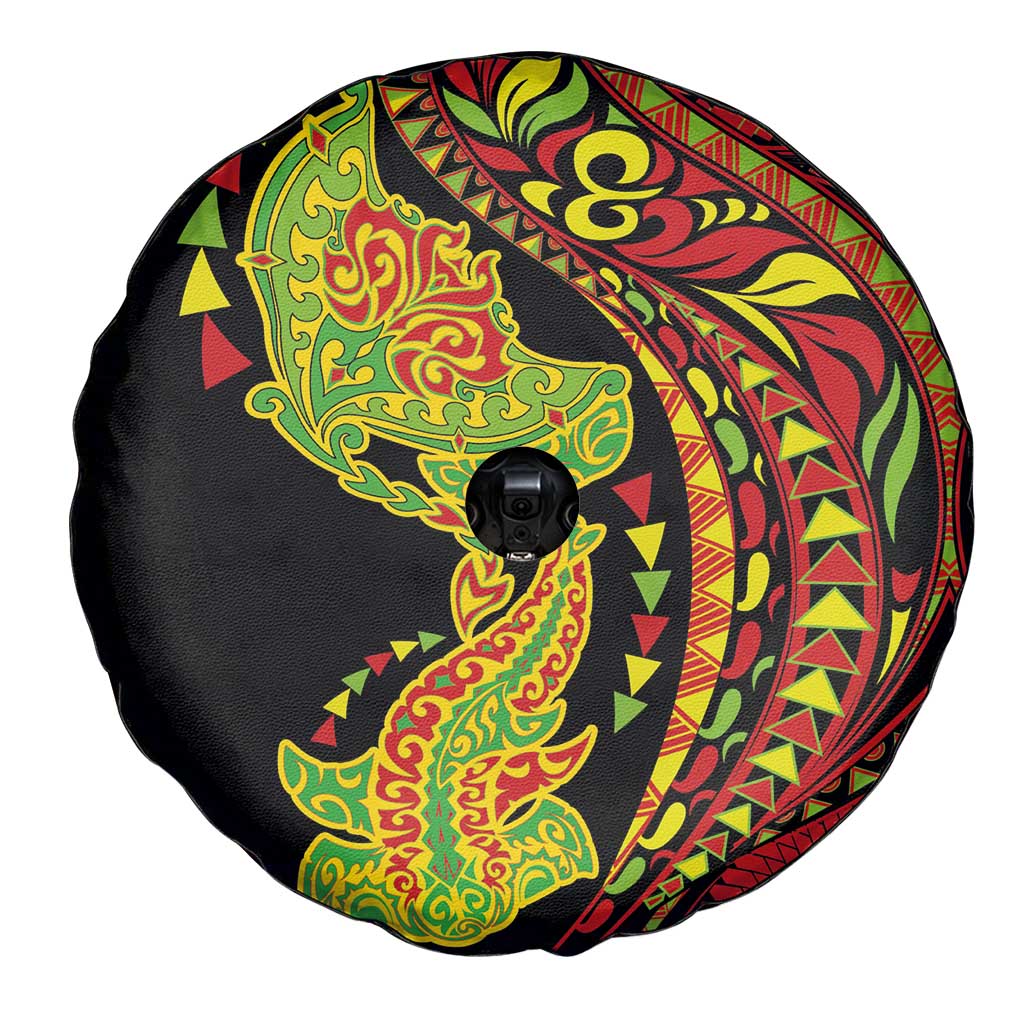 Hawaiian Manta Ray and Hammerhead Shark Tribal Tattoo Spare Tire Cover with Polynesian Tribal Pattern Kanaka Maoli Flag Color LT03 - Polynesian Pride