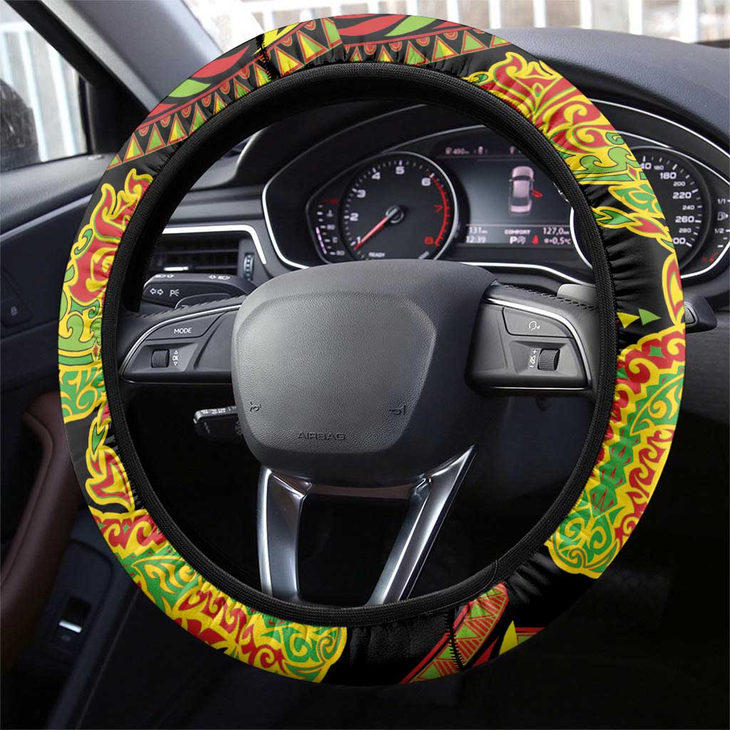 Hawaiian Manta Ray and Hammerhead Shark Tribal Tattoo Steering Wheel Cover with Polynesian Tribal Pattern Kanaka Maoli Flag Color LT03 - Polynesian Pride
