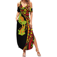 Hawaiian Manta Ray and Hammerhead Shark Tribal Tattoo Summer Maxi Dress with Polynesian Tribal Pattern Kanaka Maoli Flag Color LT03 Women Multicolor - Polynesian Pride