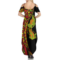 Hawaiian Manta Ray and Hammerhead Shark Tribal Tattoo Summer Maxi Dress with Polynesian Tribal Pattern Kanaka Maoli Flag Color LT03 - Polynesian Pride