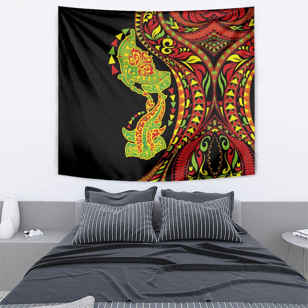 Hawaiian Manta Ray and Hammerhead Shark Tribal Tattoo Tapestry with Polynesian Tribal Pattern Kanaka Maoli Flag Color