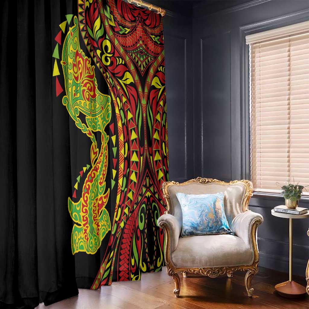 Hawaiian Manta Ray and Hammerhead Shark Tribal Tattoo Window Curtain with Polynesian Tribal Pattern Kanaka Maoli Flag Color