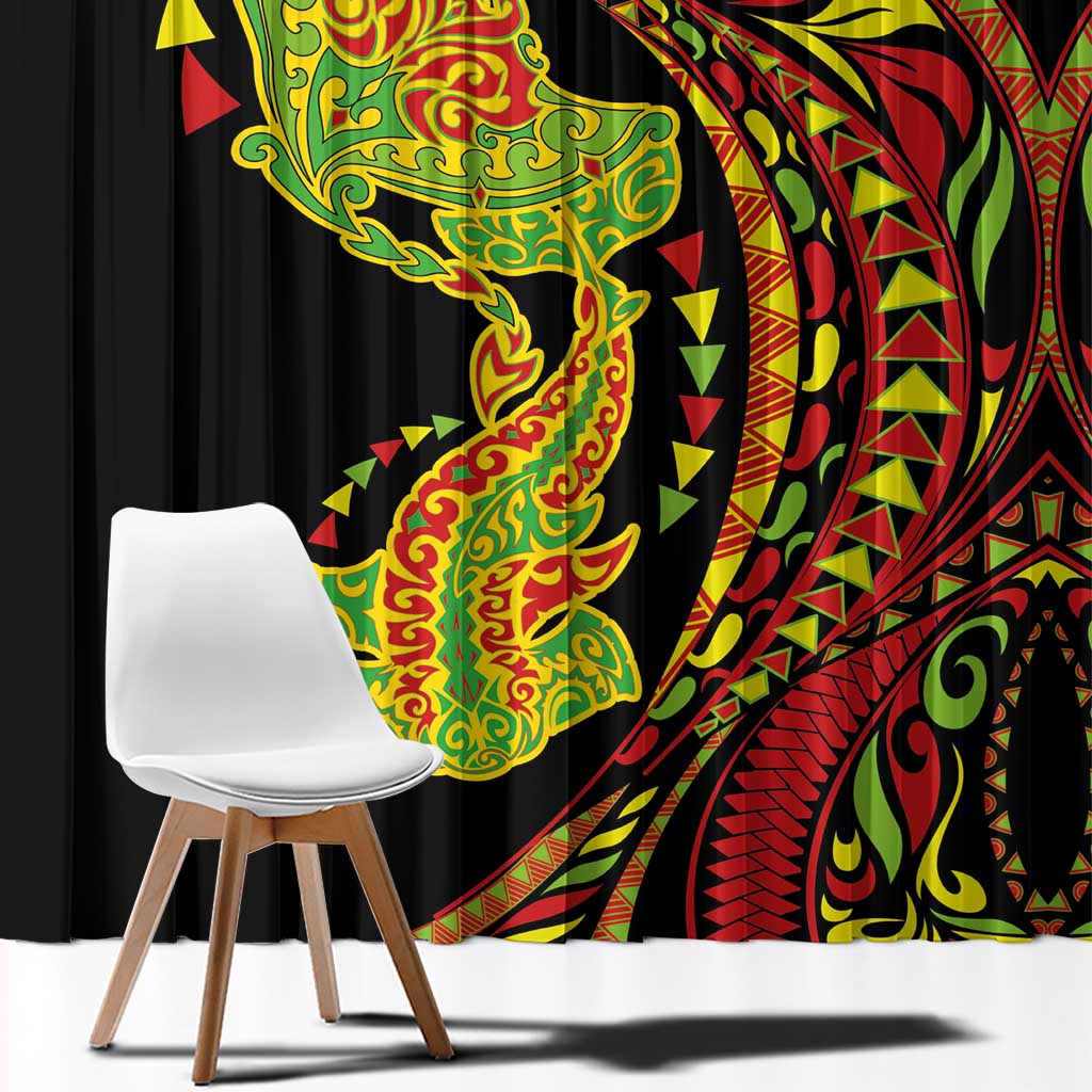 Hawaiian Manta Ray and Hammerhead Shark Tribal Tattoo Window Curtain with Polynesian Tribal Pattern Kanaka Maoli Flag Color