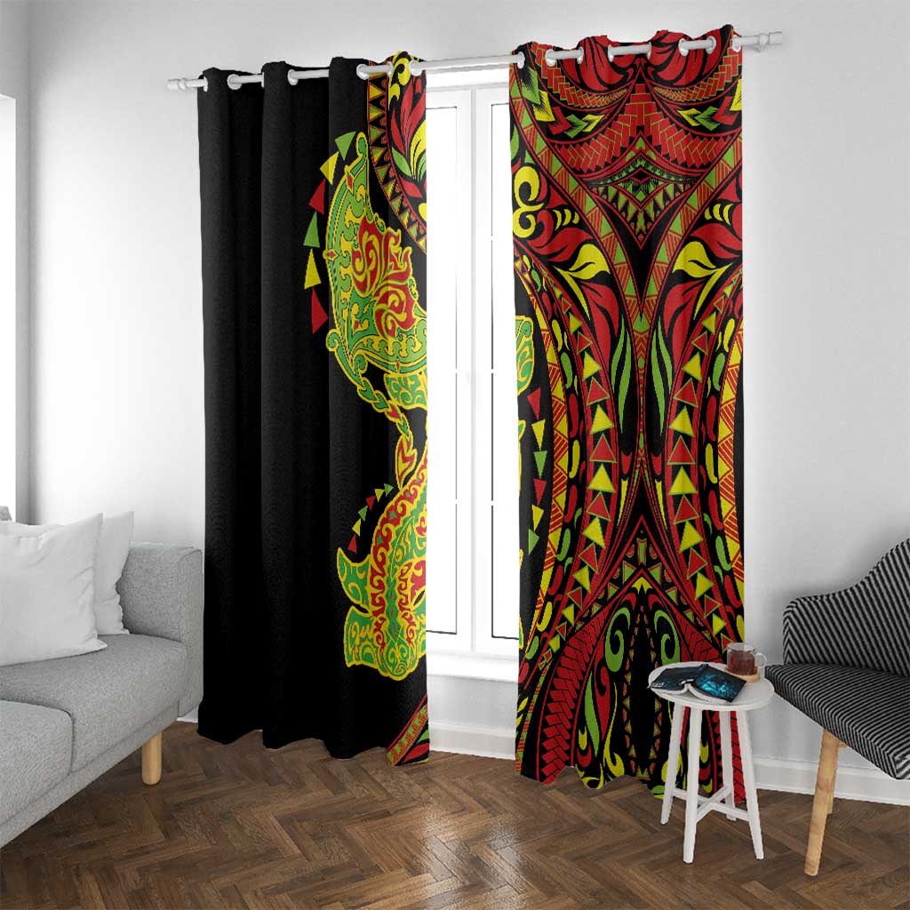 Hawaiian Manta Ray and Hammerhead Shark Tribal Tattoo Window Curtain with Polynesian Tribal Pattern Kanaka Maoli Flag Color