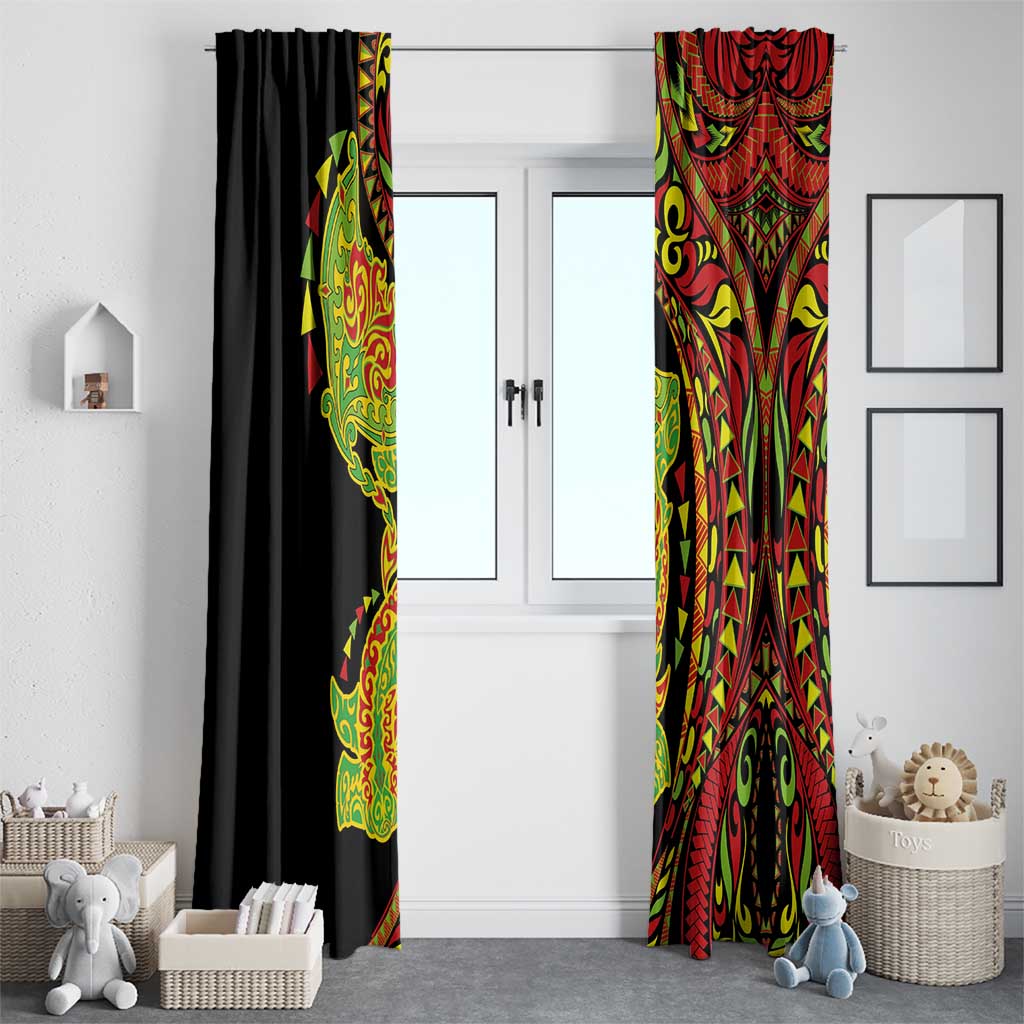 Hawaiian Manta Ray and Hammerhead Shark Tribal Tattoo Window Curtain with Polynesian Tribal Pattern Kanaka Maoli Flag Color