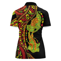 Hawaiian Manta Ray and Hammerhead Shark Tribal Tattoo Women Polo Shirt with Polynesian Tribal Pattern Kanaka Maoli Flag Color LT03 - Polynesian Pride