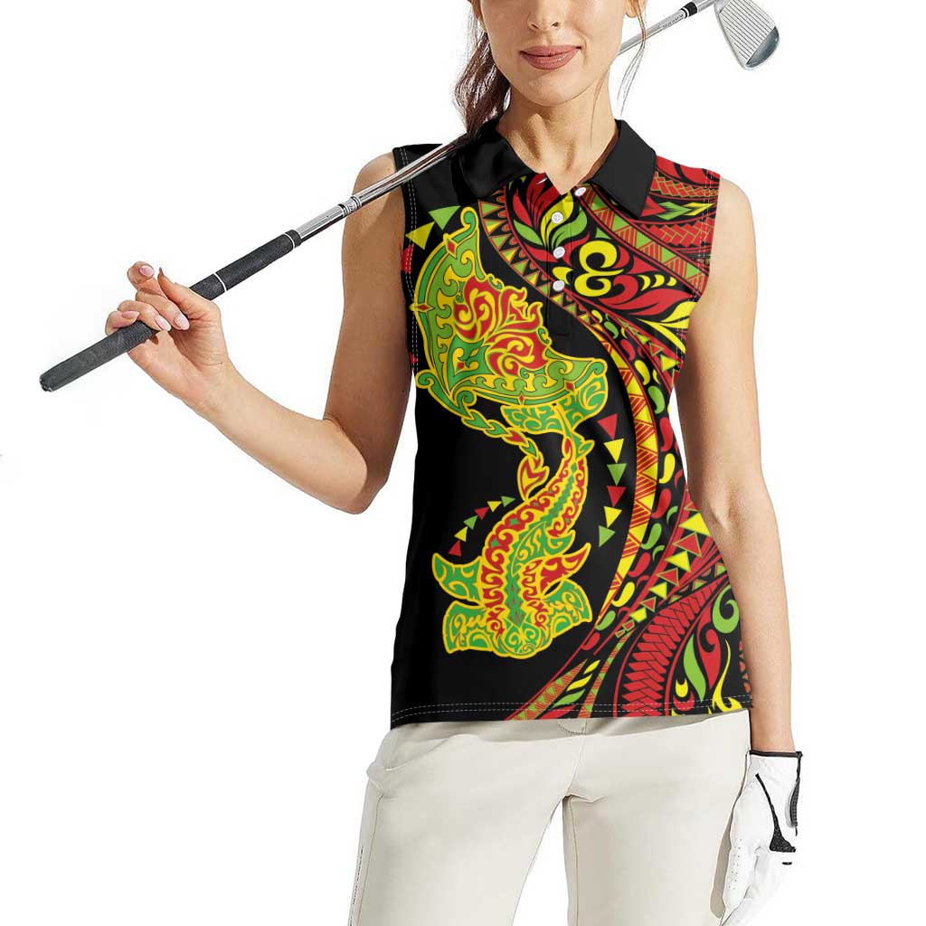 Hawaiian Manta Ray and Hammerhead Shark Tribal Tattoo Women Sleeveless Polo Shirt with Polynesian Tribal Pattern Kanaka Maoli Flag Color LT03 - Polynesian Pride