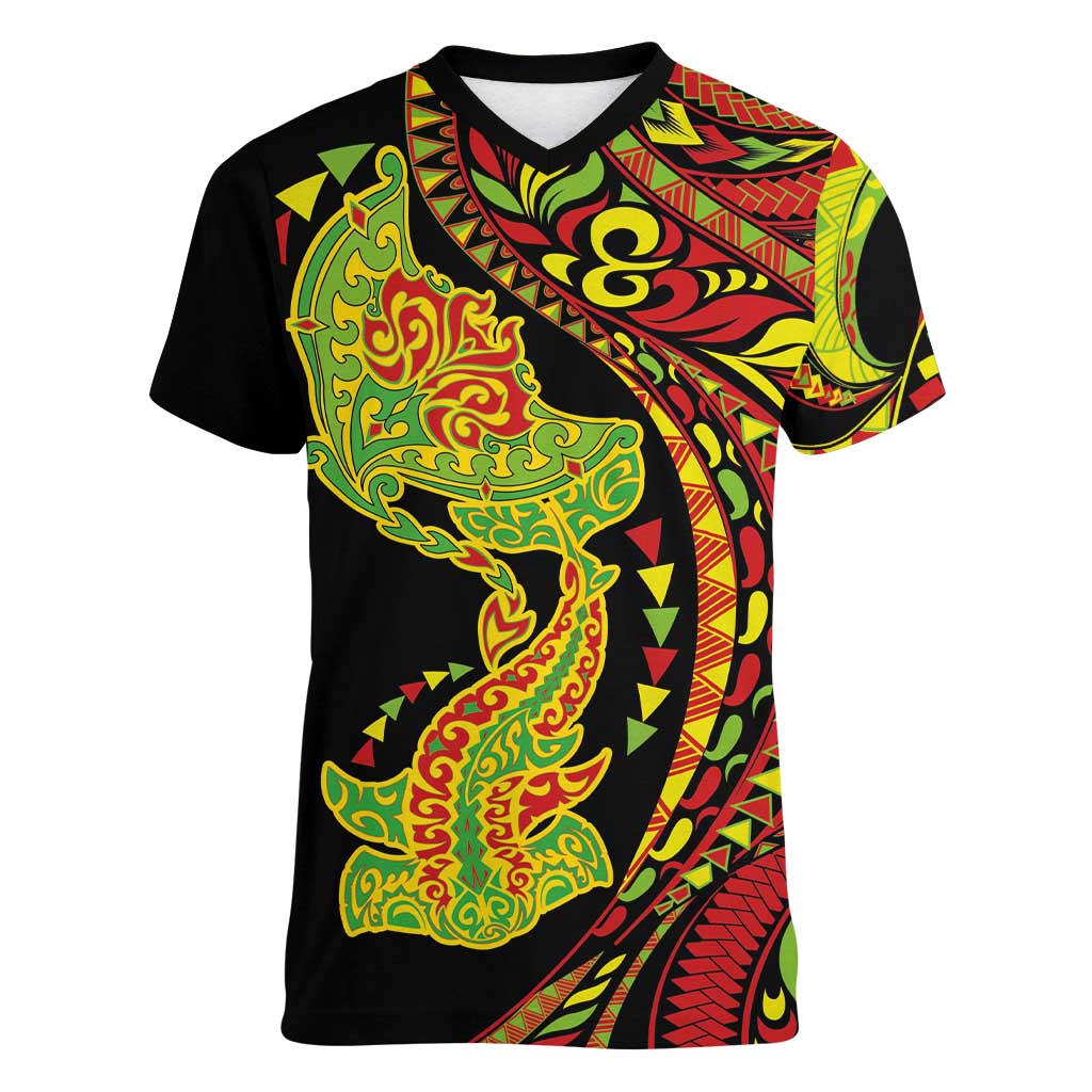 Hawaiian Manta Ray and Hammerhead Shark Tribal Tattoo Women V-Neck T-Shirt with Polynesian Tribal Pattern Kanaka Maoli Flag Color