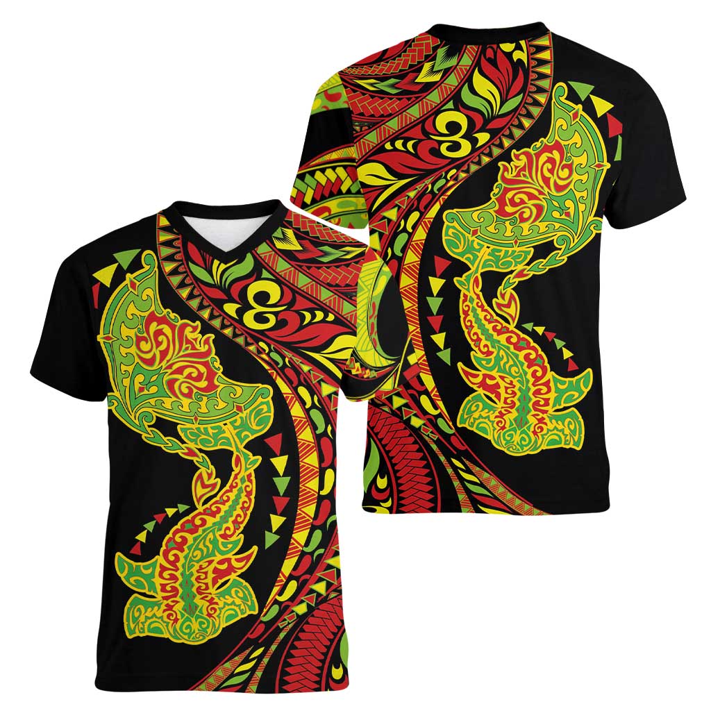 Hawaiian Manta Ray and Hammerhead Shark Tribal Tattoo Women V-Neck T-Shirt with Polynesian Tribal Pattern Kanaka Maoli Flag Color LT03 - Polynesian Pride