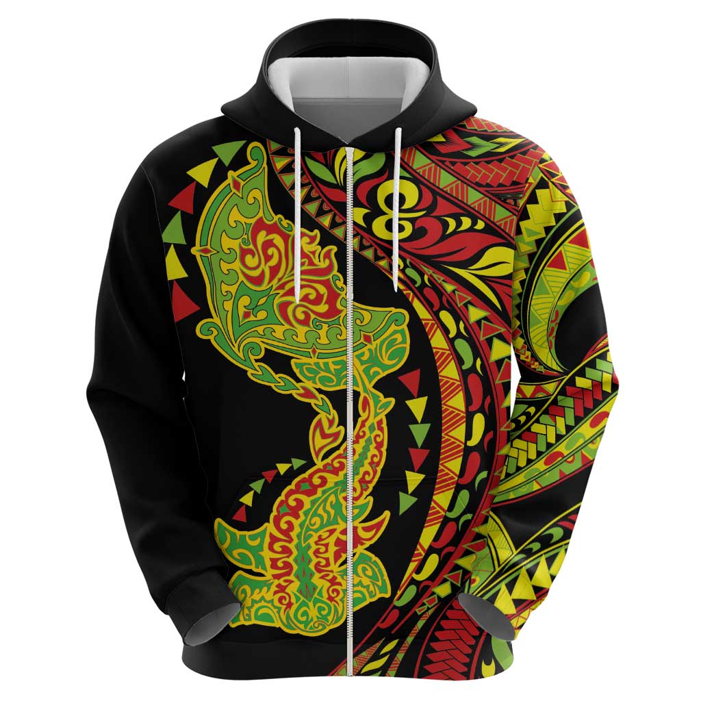 Hawaiian Manta Ray and Hammerhead Shark Tribal Tattoo Zip Hoodie with Polynesian Tribal Pattern Kanaka Maoli Flag Color LT03 - Polynesian Pride