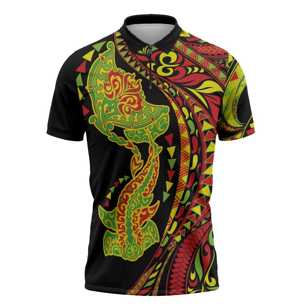 Hawaiian Manta Ray and Hammerhead Shark Tribal Tattoo Zipper Polo Shirt with Polynesian Tribal Pattern Kanaka Maoli Flag Color LT03 Multicolor - Polynesian Pride