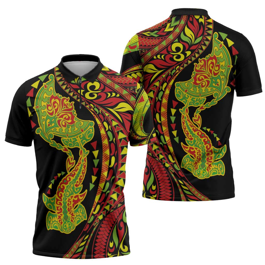 Hawaiian Manta Ray and Hammerhead Shark Tribal Tattoo Zipper Polo Shirt with Polynesian Tribal Pattern Kanaka Maoli Flag Color LT03 - Polynesian Pride