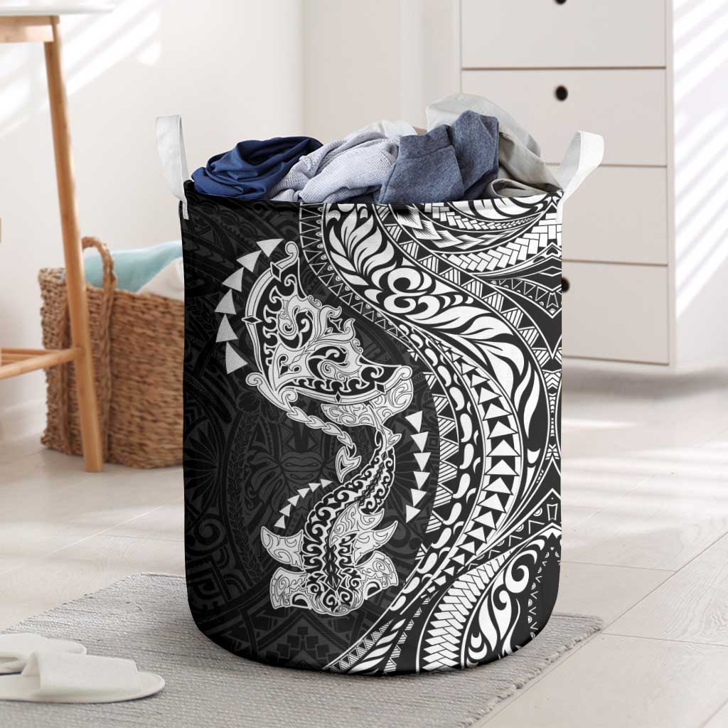 Hawaiian Manta Ray and Hammerhead Shark Tribal Tattoo Laundry Basket with Polynesian Tribal Pattern Black-White Color