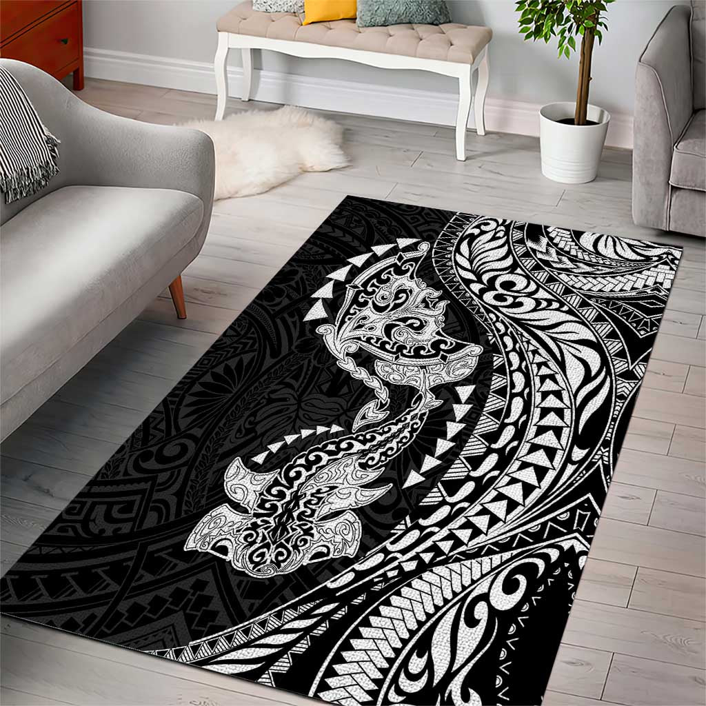 Hawaiian Manta Ray and Hammerhead Shark Tribal Tattoo Area Rug with Polynesian Tribal Pattern Black-White Color