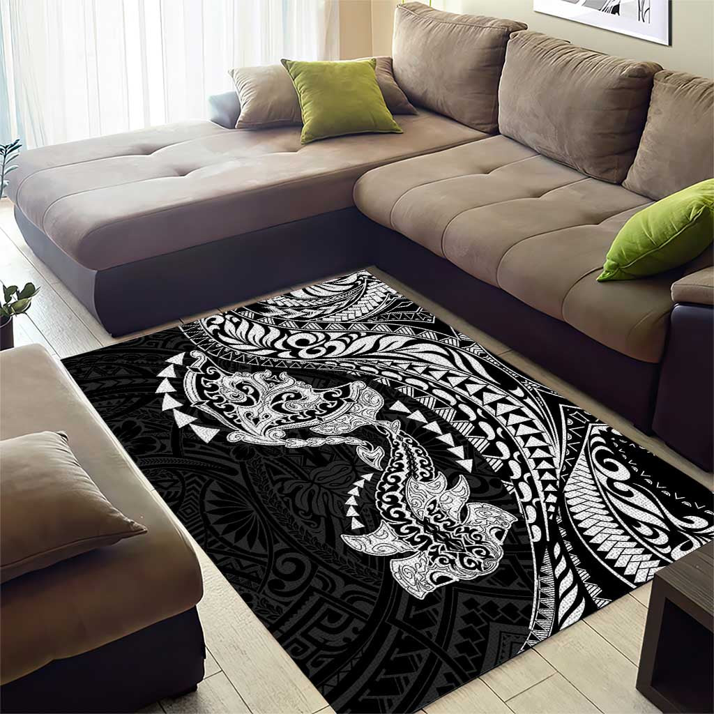 Hawaiian Manta Ray and Hammerhead Shark Tribal Tattoo Area Rug with Polynesian Tribal Pattern Black-White Color