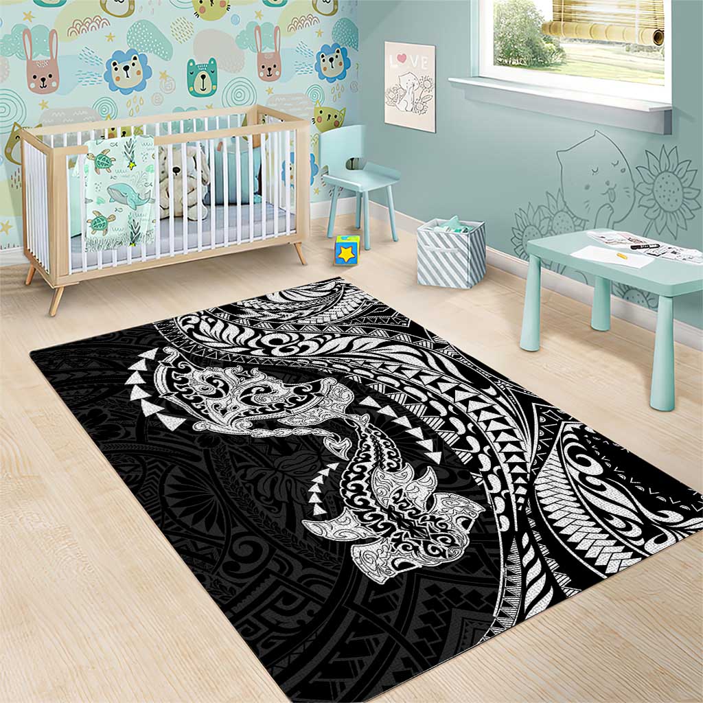 Hawaiian Manta Ray and Hammerhead Shark Tribal Tattoo Area Rug with Polynesian Tribal Pattern Black-White Color