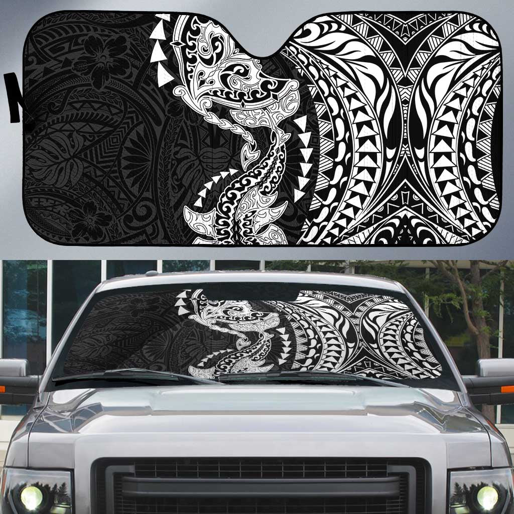 Hawaiian Manta Ray and Hammerhead Shark Tribal Tattoo Auto Sun Shade with Polynesian Tribal Pattern Black-White Color