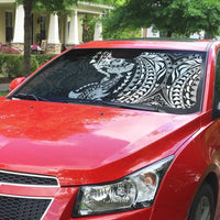 Hawaiian Manta Ray and Hammerhead Shark Tribal Tattoo Auto Sun Shade with Polynesian Tribal Pattern Black-White Color