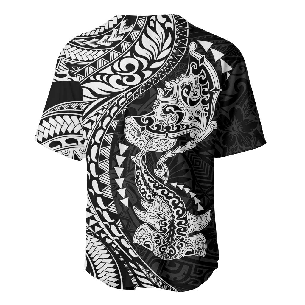 Hawaiian Manta Ray and Hammerhead Shark Tribal Tattoo Baseball Jersey with Polynesian Tribal Pattern Black-White Color