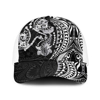 Hawaiian Manta Ray and Hammerhead Shark Tribal Tattoo Baseball Net Cap with Polynesian Tribal Pattern Black-White Color
