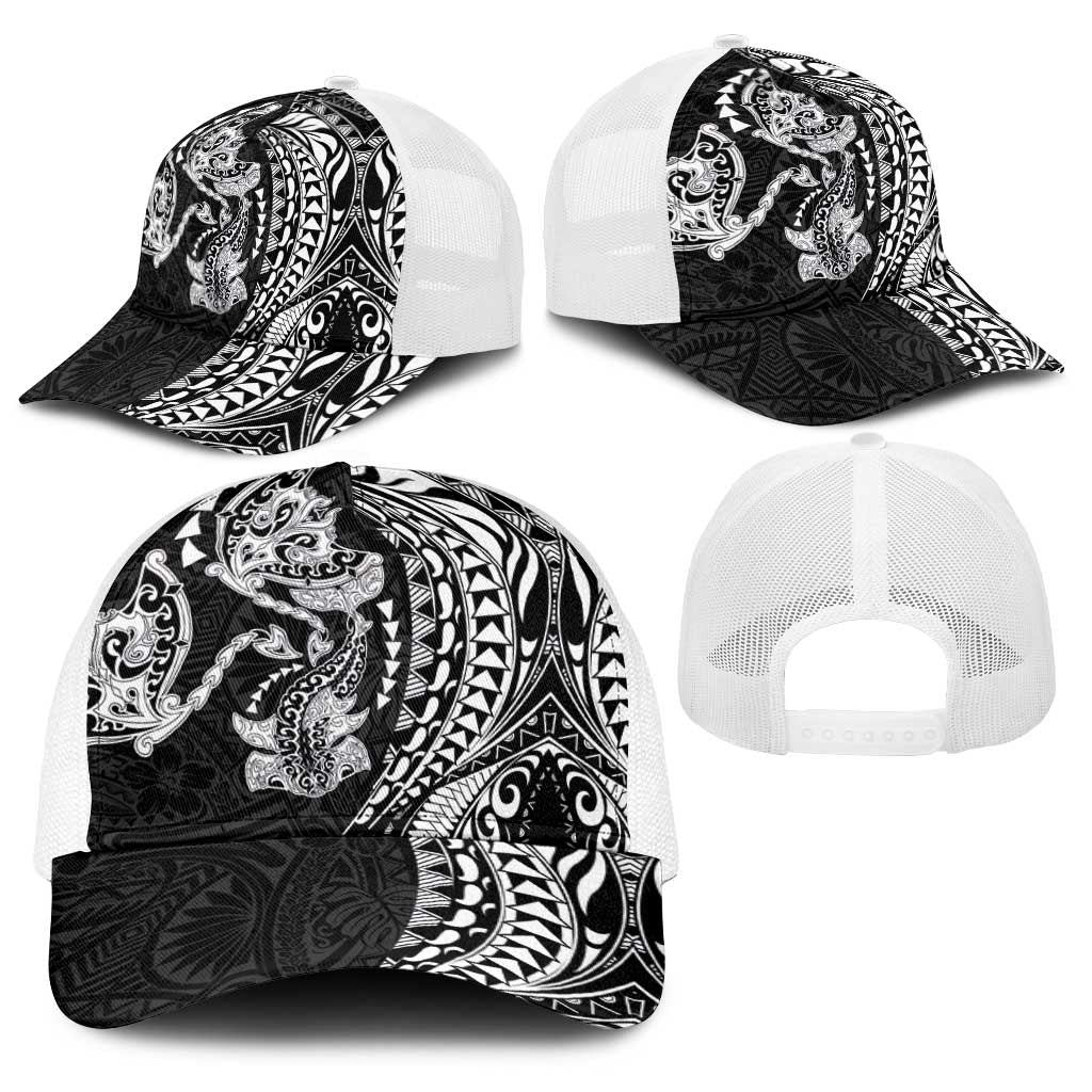 Hawaiian Manta Ray and Hammerhead Shark Tribal Tattoo Baseball Net Cap with Polynesian Tribal Pattern Black-White Color