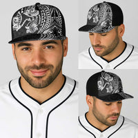 Hawaiian Manta Ray and Hammerhead Shark Tribal Tattoo Baseball Net Cap with Polynesian Tribal Pattern Black-White Color