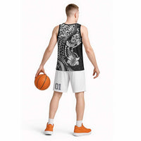 Hawaiian Manta Ray and Hammerhead Shark Tribal Tattoo Basketball Jersey with Polynesian Tribal Pattern Black-White Color