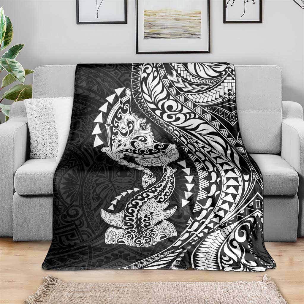 Hawaiian Manta Ray and Hammerhead Shark Tribal Tattoo Blanket with Polynesian Tribal Pattern Black-White Color