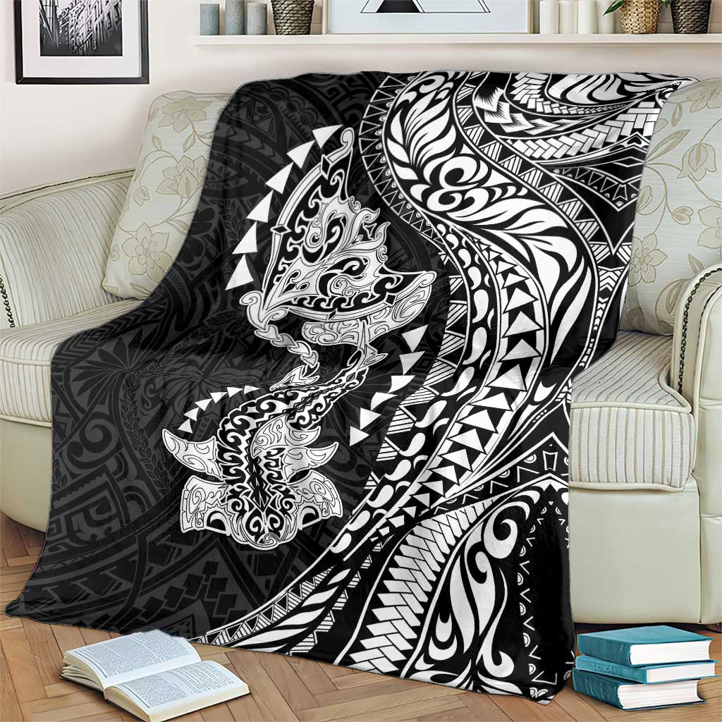 Hawaiian Manta Ray and Hammerhead Shark Tribal Tattoo Blanket with Polynesian Tribal Pattern Black-White Color