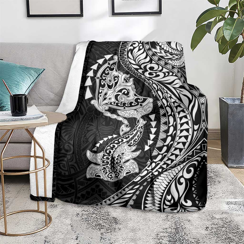 Hawaiian Manta Ray and Hammerhead Shark Tribal Tattoo Blanket with Polynesian Tribal Pattern Black-White Color
