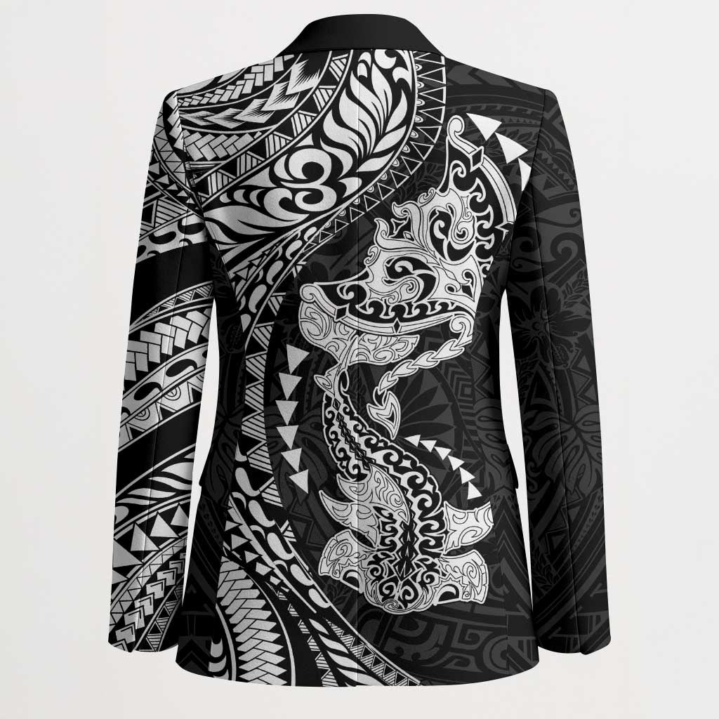 Hawaiian Manta Ray and Hammerhead Shark Tribal Tattoo Blazer with Polynesian Tribal Pattern Black-White Color