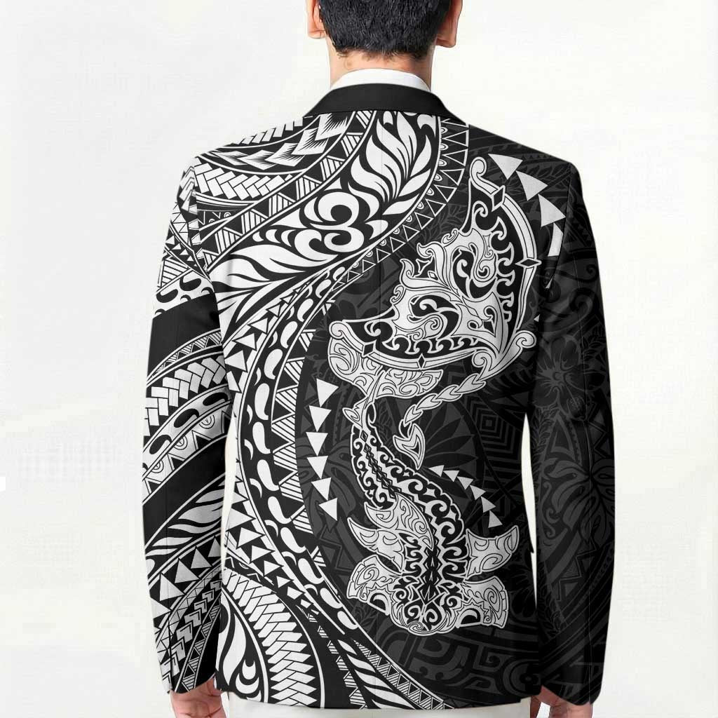 Hawaiian Manta Ray and Hammerhead Shark Tribal Tattoo Blazer with Polynesian Tribal Pattern Black-White Color